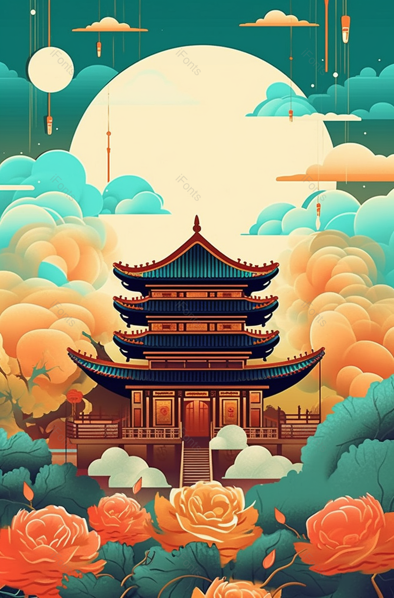 中国风古楼中秋插画背景,插画/手绘图,插画/手绘图库,插画/手绘图下载,插画/手绘